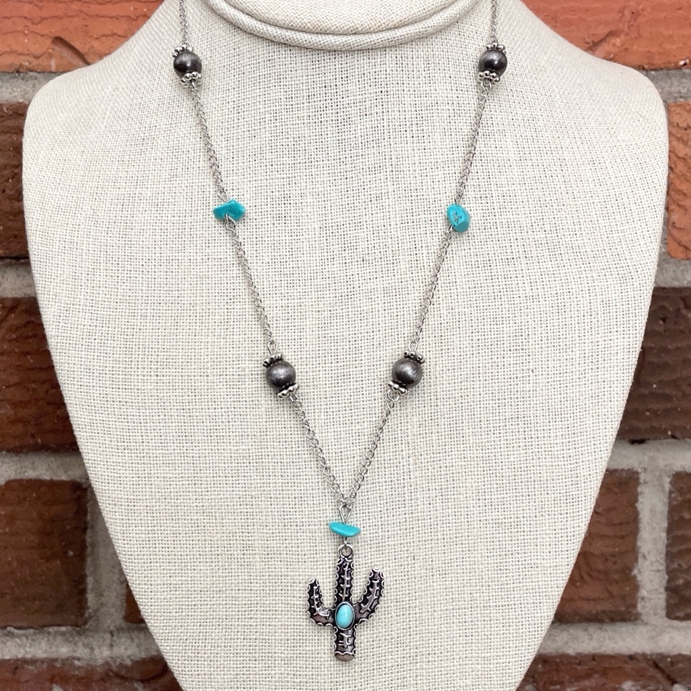 Saguaro Cactus Necklace with Navajo Style Pearl & Turquoise Beaded Chain